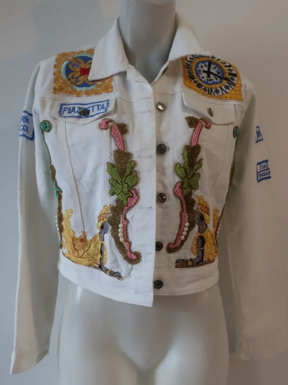 NWT Womens Antica Sartoria By Giacomo Cinque Wht Embroidered Bead Denim Jacket S - Picture 1 of 13